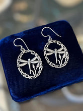 Load image into Gallery viewer, Vintage Sterling Silver Filigree Oval Dragonfly Dangle Earrings