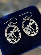 Load image into Gallery viewer, Vintage Sterling Silver Filigree Oval Dragonfly Dangle Earrings