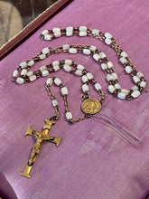 Load image into Gallery viewer, Art Deco XXX Triple Plated Gold Tone Iridescent White Rosary Beads Crucifix 18"