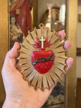 Load image into Gallery viewer, Antique Sacred Heart Brass Metal Casket Plaque Religious Mourning Oddity