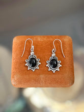 Load image into Gallery viewer, Vintage Sterling Silver & Black Onyx Cabochon Tibetan Style Dangle Earrings