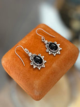 Load image into Gallery viewer, Vintage Sterling Silver & Black Onyx Cabochon Tibetan Style Dangle Earrings