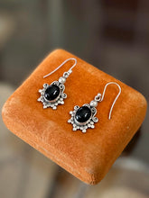 Load image into Gallery viewer, Vintage Sterling Silver & Black Onyx Cabochon Tibetan Style Dangle Earrings
