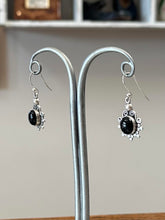 Load image into Gallery viewer, Vintage Sterling Silver & Black Onyx Cabochon Tibetan Style Dangle Earrings