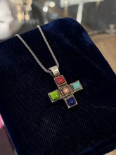 Load image into Gallery viewer, Vintage Sterling Silver Multi Gemstone Cross Pendant Necklace 19"