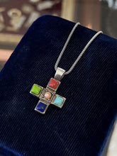 Load image into Gallery viewer, Vintage Sterling Silver Multi Gemstone Cross Pendant Necklace 19"