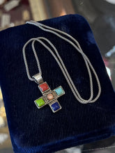 Load image into Gallery viewer, Vintage Sterling Silver Multi Gemstone Cross Pendant Necklace 19"