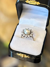 Load image into Gallery viewer, Vintage Sterling Silver Cubic Zirconia Halo Pearl Cocktail Ring US 7 1/4