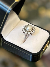 Load image into Gallery viewer, Vintage Sterling Silver Cubic Zirconia Halo Pearl Cocktail Ring US 7 1/4