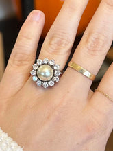 Load image into Gallery viewer, Vintage Sterling Silver Cubic Zirconia Halo Pearl Cocktail Ring US 7 1/4