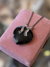 Load image into Gallery viewer, Vintage Sterling Silver Black Onyx Heart & Bow Pendant Necklace 19.75"