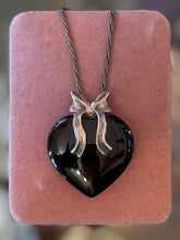Load image into Gallery viewer, Vintage Sterling Silver Black Onyx Heart & Bow Pendant Necklace 19.75"