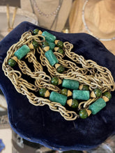 Load image into Gallery viewer, Vintage Midcentury Gold Tone Faux Jade Green Glass Bead Layering Necklace 53.75"