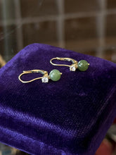 Load image into Gallery viewer, Vintage 14K Yellow Gold Genuine Jade Bead & Faceted Diamond Dangle Drop Earrings