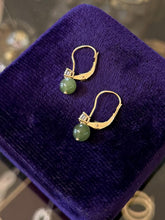 Load image into Gallery viewer, Vintage 14K Yellow Gold Genuine Jade Bead & Faceted Diamond Dangle Drop Earrings