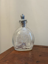 Load image into Gallery viewer, Antique Glass Holy Water Bottle Embossed Cross & Lettering Metal Shaker Top 4"