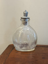 Load image into Gallery viewer, Antique Glass Holy Water Bottle Embossed Cross & Lettering Metal Shaker Top 4"