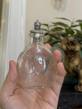 Load image into Gallery viewer, Antique Glass Holy Water Bottle Embossed Cross & Lettering Metal Shaker Top 4"