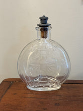 Load image into Gallery viewer, Antique Glass Holy Water Bottle Embossed Cross & Lettering Metal Shaker Top 4.4"
