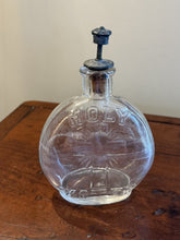 Load image into Gallery viewer, Antique Glass Holy Water Bottle Embossed Cross & Lettering Metal Shaker Top 4.4"