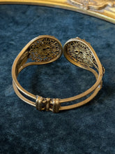 Load image into Gallery viewer, Vintage 1940s Brass Tone Floral Clamper Bracelet Faceted Amber Rhinestones