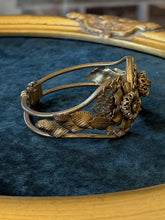 Load image into Gallery viewer, Vintage 1940s Brass Tone Floral Clamper Bracelet Faceted Amber Rhinestones