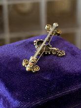 Load image into Gallery viewer, Antique Victorian 14k Yellow Gold Seed Pearl Ornate Filigree Bar Pin Repinned
