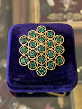 Load image into Gallery viewer, Vintage 1960s Midcentury Gold Tone Green Crystal Rhinestone Brooch Pin Unsigned