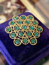 Load image into Gallery viewer, Vintage 1960s Midcentury Gold Tone Green Crystal Rhinestone Brooch Pin Unsigned