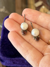 Load image into Gallery viewer, Vintage Sterling Silver Bezel Set Pearl & Faceted Garnet Dangle Drop Earrings