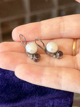 Load image into Gallery viewer, Vintage Sterling Silver Bezel Set Pearl & Faceted Garnet Dangle Drop Earrings