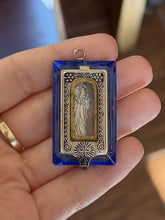 Load image into Gallery viewer, Antique 1920s Art Deco Czechoslovakia Reliquary Pocket Shrine Blue Glass Pendant