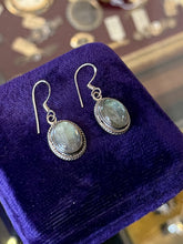 Load image into Gallery viewer, Vintage Sterling Silver Labradorite Oval Bezel Set Cabochon Dangle Drop Earrings