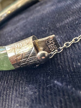Load image into Gallery viewer, Vintage Jade Etched Sterling Silver Hinged Bangle Bracelet Safety Chain 7.25"