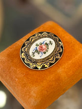 Load image into Gallery viewer, Vintage Oval Guilloche Enamel Handpainted Rose Flower Black Gold Edge Pin Brooch