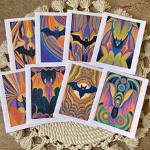 Load image into Gallery viewer, Box Set Of 8 Groovy Psychedelic Colorful Halloween Bat Cards: Brown Kraft Paper