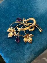 Load image into Gallery viewer, Vintage 14K & 18K Yellow Gold Genuine Faceted Amethyst Teardrop Floral Brooch