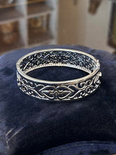 Load image into Gallery viewer, Vintage P*M Art Deco Revival Sterling Silver Filigree Sapphire Hinged Bracelet