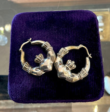 Load image into Gallery viewer, Vintage 1990s Sterling Silver Claddagh Heart & Hand Hoop Earrings Hoops