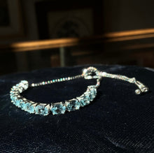 Load image into Gallery viewer, Vintage 925 Sterling Silver Light Blue CZ Box Chain Slider Bracelet Adjustable