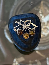 Load image into Gallery viewer, Vintage Sterling Silver Baltic Amber Cabochon Cherries Motif Mini Brooch Pin