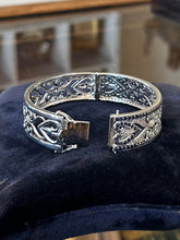 Load image into Gallery viewer, Vintage P*M Art Deco Revival Sterling Silver Filigree Sapphire Hinged Bracelet