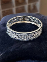 Load image into Gallery viewer, Vintage P*M Art Deco Revival Sterling Silver Filigree Sapphire Hinged Bracelet
