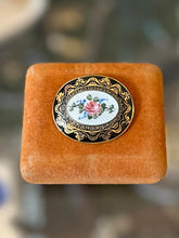 Load image into Gallery viewer, Vintage Oval Guilloche Enamel Handpainted Rose Flower Black Gold Edge Pin Brooch