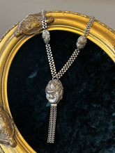 Load image into Gallery viewer, Antique Edwardian Circa 1910s Ornate Art Nouveau Floral &amp; Scroll Motif Silver Plated Pendant Y-Necklace 16.5”
