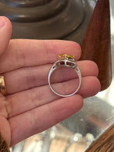 Load image into Gallery viewer, Vintage Sterling Silver Faceted Faux Topaz Yellow Triangle Stone &amp; Clear Baguette Ring US Size 7 1/4 Geometric
