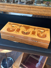Load image into Gallery viewer, Vintage 1980s USSR Russian Wooden Marquetry Inlay “Three Girls Under the Window” Rectangular Hinged Box 11.9x4.9”
