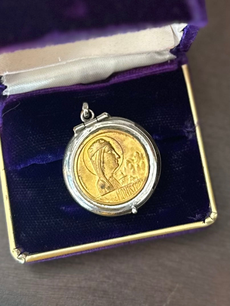 Vintage Our Lady of Montserrat Black Madonna Virgin Nuestra Senora de Montserrat Two Tone Secret Compartment Pendant Religious