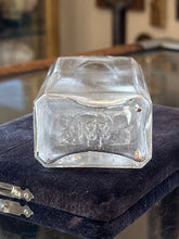 Load image into Gallery viewer, Antique 1910s Edwardian Clear Glass Holy Water Bottle Cross &amp; Leaves with Metal Crown Cap 6” Tall
