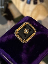 Load image into Gallery viewer, Antique 1920s 1930s Art Deco Gold Tone Black Glass &amp; Seed Pearl Mourning Pin Brooch

